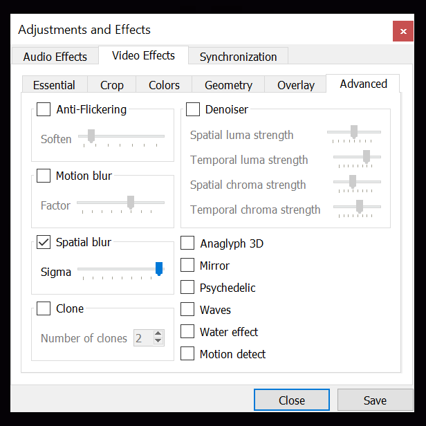 VLC's Adjustments and Effects dialog, Video Effects, Advanced tab, with Spatial blur enabled and its sigma slider